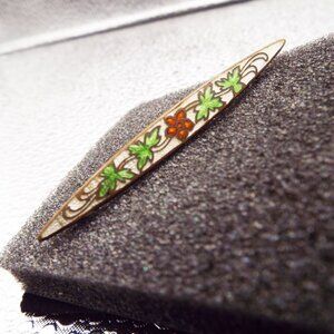 ANTIQUE 1880 ART NOUVEAU GENUINE CLOISONNE RED FLOWER GREEN IVY LONG BAR PIN 59